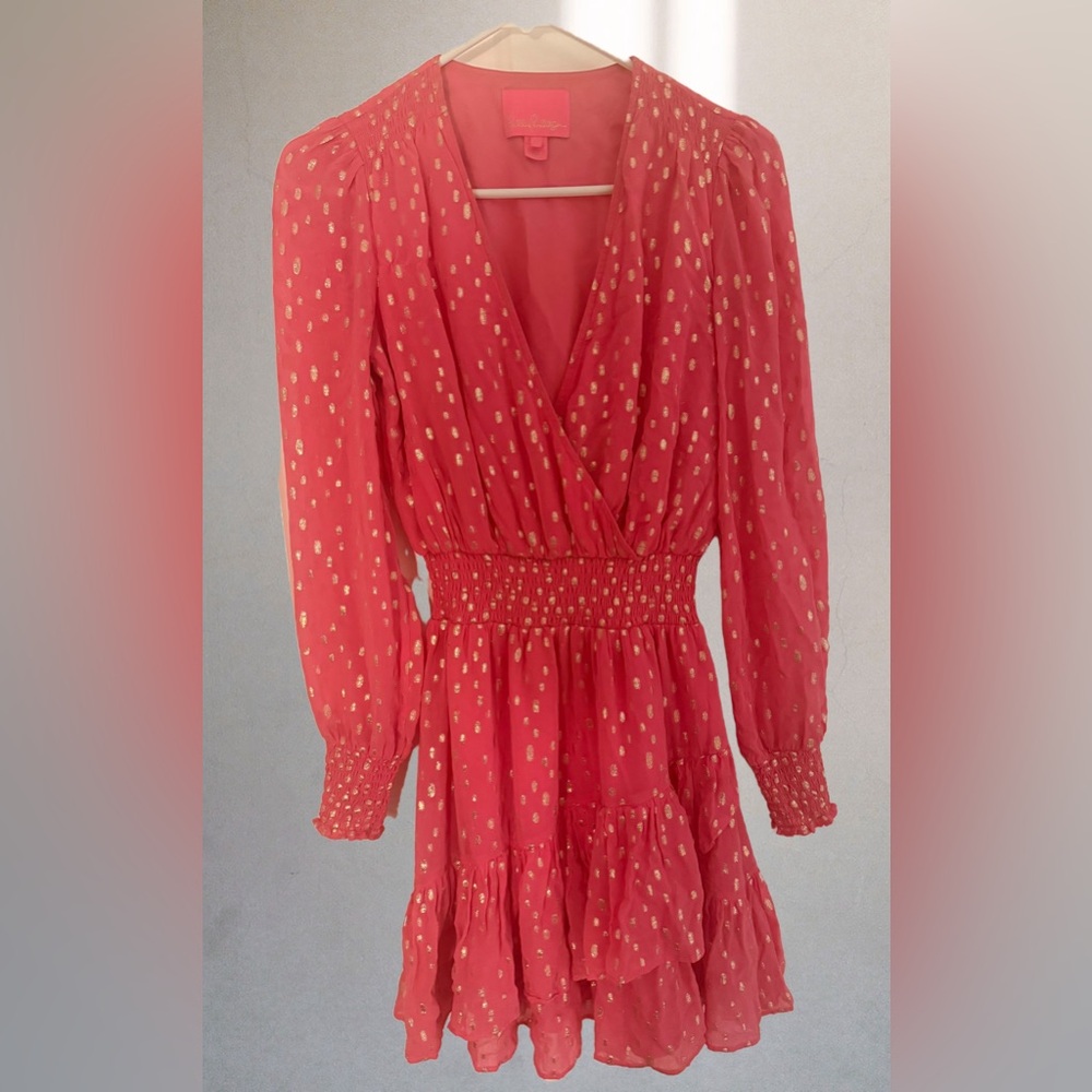 Lilly Pulitzer Cristiana Dress Aura Pink Viscose Metallic Dot Size 00